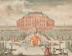 The Konings Huis van de Tuin-zyde, s fontánou Venuše, v: Tooneel Der Voornaamste N..., n.d.