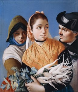 Dívka v oranžovém šátku držící tuřín, Dívka v zelené čepici a šatech a gentleman v černém klobouku Tricorn,