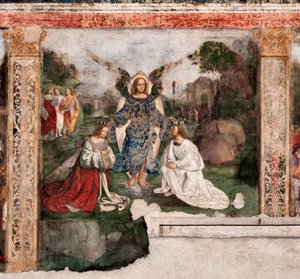 Život svaté Cecílie: světice a svatého Valeriána korunovaného andělem (Fresco od Lorenzo Costa