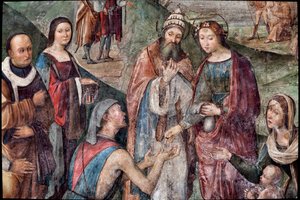 Svatá Cecílie dává svůj majetek chudým, detail (freska od Lorenzo Costa