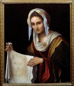 Svatá Veroniko. Svatý závoj představuje tvář Krista, jehož pot se Veronique údajně zpotila při výstupu na Kalvárii. Obraz od Lorenza Costy (1460-1535) Ne. 0,64x0,54 m