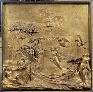 Historie Adamova života: narození Adama, stvoření Evy a Adam a Eva loví z ráje. Původní panel dveří ráje od Lorenzo Ghiberti