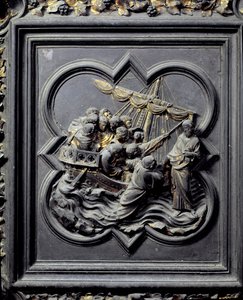 Ježíš chodí po vodě a zachraňuje Petra, osmý panel Severních dveří baptisteria San Giovanni, 1403-24 (bronz)
