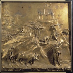 Život Kaina a Ábela: oběť, vražda Ábela a Bůh vyhánějící Kaina. Původní panel dveří ráje od Lorenzo Ghiberti