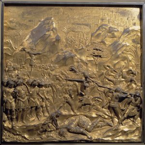 Život Davida a Goliáše: zobrazení bitvy mezi Izraelity a Pelištejci a sťání obřího Goliáše v údolí Ela od Lorenzo Ghiberti
