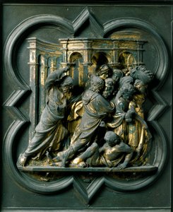 Severní brána (na severu zvaná Křížová brána), detail exteriéru: „Ježíš honí obchodníky z chrámu“““ Bronzová socha od Lorenza Ghibertiho (1378-1455) od Lorenzo Ghiberti