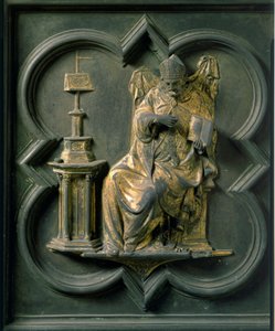Severní brána (nazývaná Křížová brána, na sever), detail exteriéru: Saint Augustine. Bronzová socha od Lorenza Ghibertiho (1378-1455) od Lorenzo Ghiberti