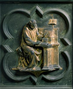 Severní brána (nazývaná Křížová brána, na sever), vnější detail: Svatý Jeroným. Bronzová socha od Lorenza Ghibertiho (1378-1455) od Lorenzo Ghiberti