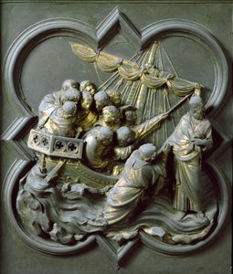 Severní brána (nazývaná Brána kříže, na sever), vnější detail: Kristus kráčející po vodě. Bronzová socha od Lorenza Ghibertiho (1378-1455) od Lorenzo Ghiberti