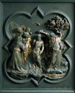 Severní brána (na severu nazývaná Křížová brána), detail exteriéru: „Křest Krista““ Bronzová socha od Lorenza Ghibertiho (1378-1455) od Lorenzo Ghiberti