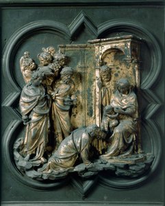 Severní brána (nazývaná Křížová brána, na sever), detail exteriéru: Klanění tří králů. Bronzová socha od Lorenza Ghibertiho (1378-1455) od Lorenzo Ghiberti