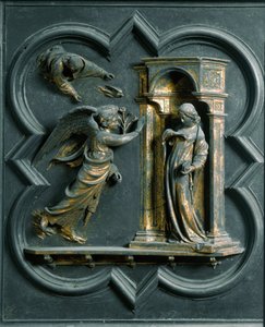 Severní brána (nazývaná Křížová brána, na sever), vnější detail: Zvěstování. Bronzová socha od Lorenza Ghibertiho (1378-1455) od Lorenzo Ghiberti