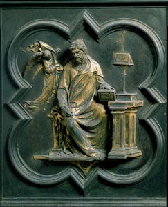 Severní Porte (nazývaná Porte de la Croix, na sever), detail exteriéru: Saint Mathieu. Bronzová socha od Lorenza Ghibertiho (1378-1455) od Lorenzo Ghiberti