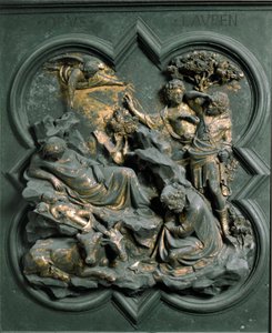 Severní Porte (nazývaný Porte de la Croix, na sever), detail exteriéru: Nativite. Bronzová socha od Lorenza Ghibertiho (1378-1455) od Lorenzo Ghiberti