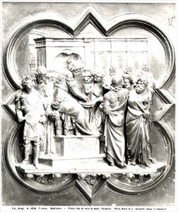 Pilát Pontský myje si ruce, reliéf ze dveří baptisteria, kolem 1403 (zlacený bronz) (č/b foto) od Lorenzo Ghiberti