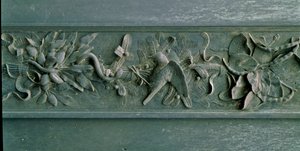 Sochařský rám, detail severní brány. Bronz s nízkým reliéfem od Lorenzo Ghiberti