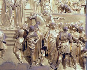 Setkání krále Šalamouna a královny ze Sáby, detail účastníků, z původního panelu z východních dveří baptisteria, restaurování pozlaceného bronzu z let 1425-52