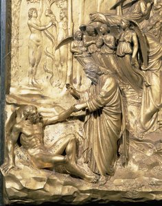 The Story of Adam, detail Stvoření Adama a Pokušení Adama a Evy, z jednoho z původních panelů z východních dveří baptisteria, restaurování zlaceného bronzu z let 1425-52