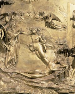 Příběh Adama, detail stvoření Evy, z jednoho z původních panelů z východních dveří baptisteria, restaurování pozlaceného bronzu z let 1425-52