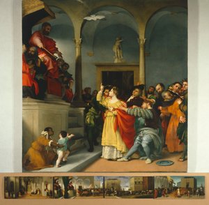 Oltářní obraz Svatá Lucie aneb Svatá Lucie před soudcem od Lorenza Lotta (1480 cca 1556), olej na plátně, 243x237 cm od Lorenzo Lotto