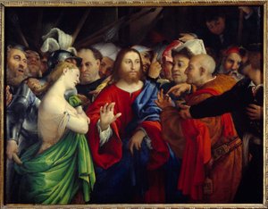 Kristus a cizoložná žena. Obraz od Lorenza Lotta (1480-1556)