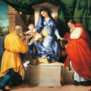 Trůnící Madona s dítětem se svatými Giuseppem a Jeronýmem, centrální panel oltářního obrazu San Francesco al Monte, cca 1525, od Lorenza Lotta (1480 cca 1556), olej na plátně od Lorenzo Lotto