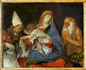 Madona s dítětem, svatý biskup a poustevník svatý Onofrio... od Lorenzo Lotto