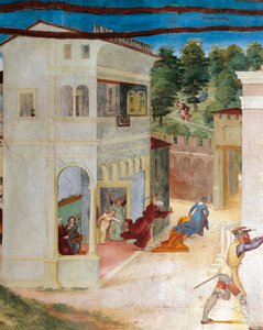 Svatá Barbora napadena svým otcem, detail z Christ-Vine a Legenda o svaté Barboře od Lorenza Lotta (cca 1480 - 1556), freska, detail, Villa Suardi, Capella Suardi, Trescore Balneario od Lorenzo Lotto