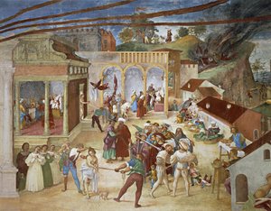 Svatá Barbora vedená ulicemi města, detail z Christ-Vine a Legenda o svaté Barboře od Lorenza Lotta (kolem 1480 - 1556), freska, detail, Villa Suardi, Capella Suardi, Trescore Balneario od Lorenzo Lotto