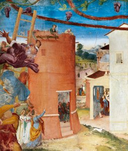 Svatá Barbora ve věži, detail z Christ-Vine a Legenda o svaté Barboře od Lorenza Lotta (kolem 1480 - 1556), freska, detail, Villa Suardi, Capella Suardi, Trescore Balneario