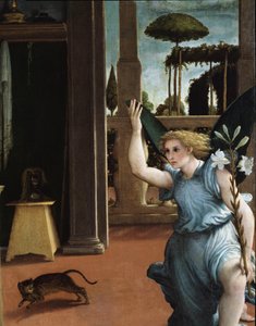 Zvěstování, detail anděla od Lorenzo Lotto