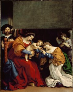Mystická svatba svaté Kateřiny Mystická svatba svaté Kateřiny Alexandrijské“ Vlevo Niccolo Bonghi, malířův pronajímatel. Obraz Lorenza Lotta (asi 1480-1556) 1523 Rozm. 189 x 134 cm Bergamo, Accademia Carrara od Lorenzo Lotto