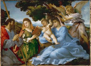 Panna s dítětem se svatou Kateřinou Alexandrijskou a svatým Jakubem Starším (malba na plátně) od Lorenzo Lotto