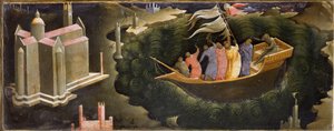 Reprezentace svatého Mikuláše uklidňujícího Tempete Nicolas de Myra (nebo Nicolas de Bari) zachraňující loď před potopením. Malba na dřevě od Lorenza Monaca (asi 1370-asi 1423/1424) Florencie, Galleria del 