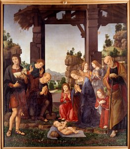 Klanění pastýřů Obraz od Lorenza di Credi (1458-1537) 15. století Sun. 2,24x1,96 m Florencie, galleria degli Uffizi (kanceláře)
