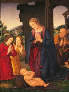 Klanění dítěte a andělů, Lorenzo di Credi (1459-1536), tempera na plátně od Lorenzo di Credi