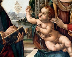 Panna s dítětem a dvěma svatými, sv. Matouš a sv. Jeroným (Panna s dítětem a dvěma svatými, sv. Matouš a sv. Jeroným) Detail malba od Lorenza di Credi (1459-1537) Florencie, kostel santo Spirito Itálie od Lorenzo di Credi