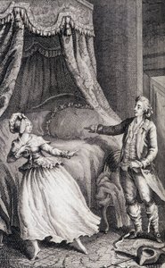 Pár před postelí v ložnici - v „“ Les francaises ou 34 příkladů vybraných v současných mravech vhodných k vedení dcer, žen, manželek, matek“ od Restifa de La Bretonne (1734-1806), nemocného. od Binet, Neufchatel
