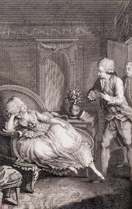 Gentilhomme vyznává lásku dámě, která se trápí na pastoušce - in "Les francaises ou 34 examples chosen in the current mores suitable to lead daughters, wives, mothers" by Restif de La Bretonne (1734-1806), ill. by Binet, Neufchatel