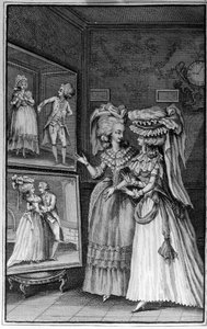 Ilustrace Louise Bineta (1744-1800) ke knize Nicolase Edme Restifa de La Bretonne „Les Parisiennes“ neboli XL Obecné postavy přijaté v moderních Maurech, vhodné k tomu, aby sloužily l’instruction des Person-du-Sexe, převzato z memoárů nového Lycee des mo