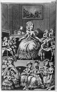 Ilustrace Louise Bineta (1744-1800) ke knize Nicolase Edme Restifa de La Bretonne „Les Parisiennes“ neboli XL Obecné postavy přijaté v moderních Maurech, vhodné k tomu, aby sloužily l’instruction des Person-du-Sexe, převzato z memoárů nového Lycee des mo