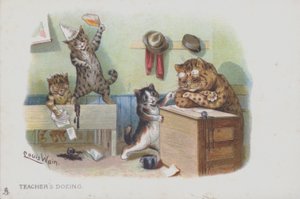 Kočky ve třídě: učitel dřímá, a tak se studenti chovají špatně (chromolitho) od Louis (after) Wain