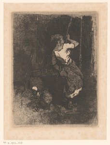 Žena dostává vodu ze studny, vedle ní sedí dítě od Louis Adolphe Hervier (attributed to)