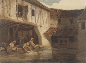 Mytí žen v otevřené hale bytového komplexu na vodě od Louis Adolphe Hervier (signed by artist)
