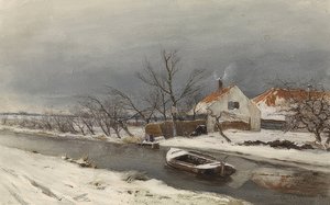 Winterlandschaft mit Häusern und einem Kanal (Zimní krajina s domy na kanálu). 1874