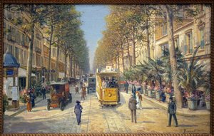 Avenue de la Gare v Nice (současná avenue Jean Medecin). Vlevo je Morrisův sloup. Obraz Louise Berouda (1852-1930), olej na plátně, francouzské umění, počátek 20. století. Musee Massena, Nice.