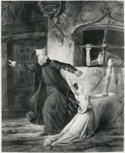 Sachette, Esmeralda a Claude Frollo, ilustrace k „Hrbáč Notre Dame“ od Victora Huga (1802-85), 1831 (bw)