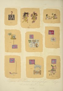 Fragmenty aztéckých hieroglyfických maleb z Codex Telleriano-Remensis, ilustrace z „Pohledy na Kordillery a památky domorodých národů Ameriky“ od Alexandra von Humboldta a Aime Bonpland