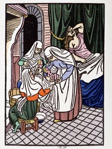 Rodící žena - v „“Lásky Frene a Galeran vyprávěné po Jean Renard, nález z 12. století, adaptováno André Mary““, nemoc. dřevorytů od Louis Bouquet, ed. Jonquieres, Paříž