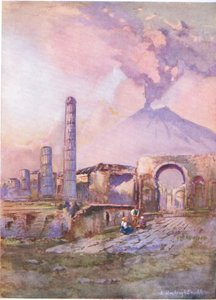 Pompeje: Vesuv v dálce, z Hutchinsonovy malebné Evropy vydané nakladatelstvím Hutchinson & Son, kolem roku 1930